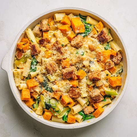 Golden, bubbly Butternut Squash Pasta Bake, showing melted cheese and roasted squash pieces.