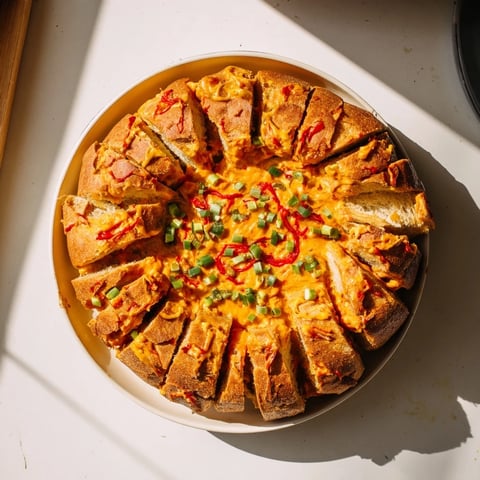 Melted cheese bubbles from a warm, golden Pimento Cheese & Jalapeño Pull-Apart Grilled Cheese loaf.