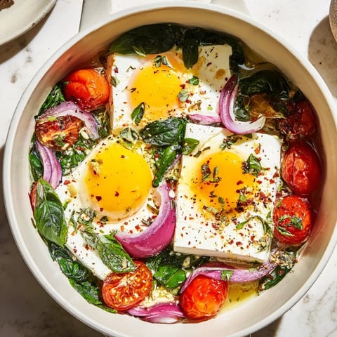 Golden, bubbly baked feta eggs with roasted tomatoes and a sprinkle of fresh herbs.