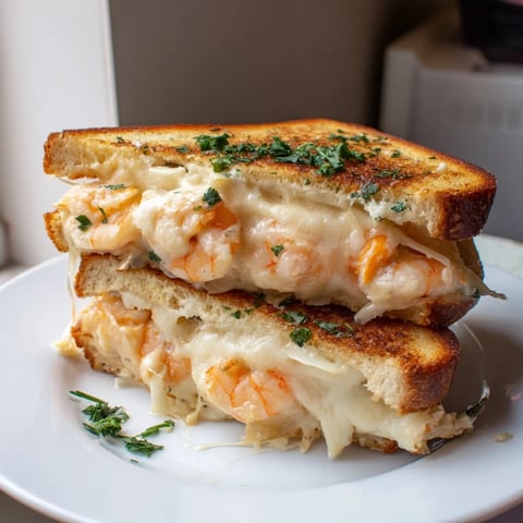 Quick Shrimp Grilled Cheese, with melted cheese oozing around succulent, buttery shrimp on toasted bread.
