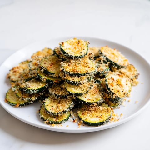 Crispy air-fried zucchini chips, golden brown and ready to grab for a healthy snack.