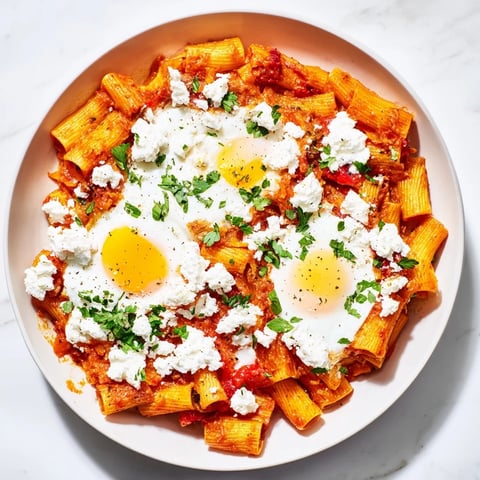 A skillet of Shakshuka Baked Pasta with rich tomato sauce and beautifully poached eggs.