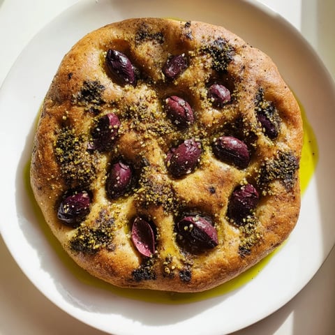 Golden brown Zaatar Olive Focaccia, soft and airy, studded with fragrant zaatar spice and briny olives.