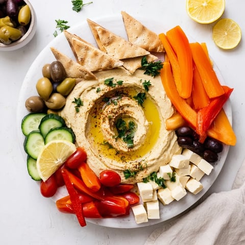 A vibrant Middle Eastern Mezze Platter with creamy hummus, crisp veggies, olives, feta, and warm pita, perfect for sharing.