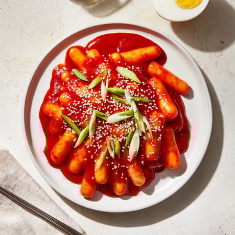 A close-up of Korean tteokbokki with glossy red gochujang sauce coating chewy rice cakes, garnished with sliced green onions and sesame seeds.