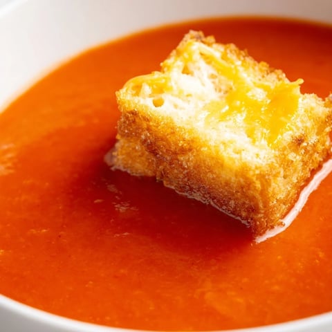 Creamy roasted tomato soup topped with golden grilled cheese croutons for a comforting dinner.