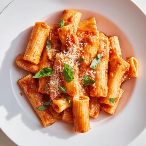 Steaming bowls of spicy rigatoni pasta with creamy tomato sauce, fresh basil, and grated Parmesan garnish.  