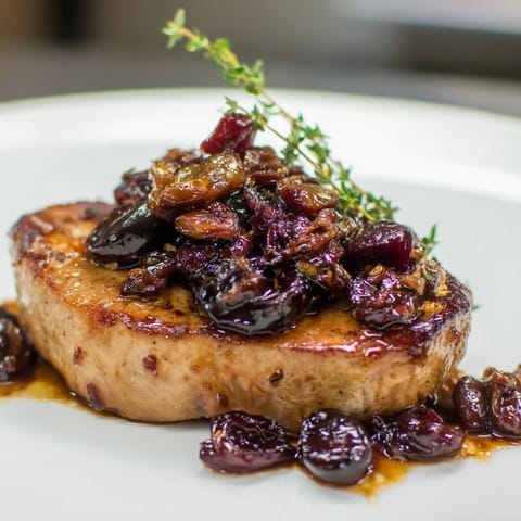Juicy Cherry-Date Glazed Pork Chops, presented with a vibrant garnish, perfect for a weeknight dinner.