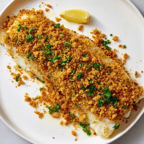 Close-up of golden baked cod, showing the flaky fish and buttery cracker crust's textures.