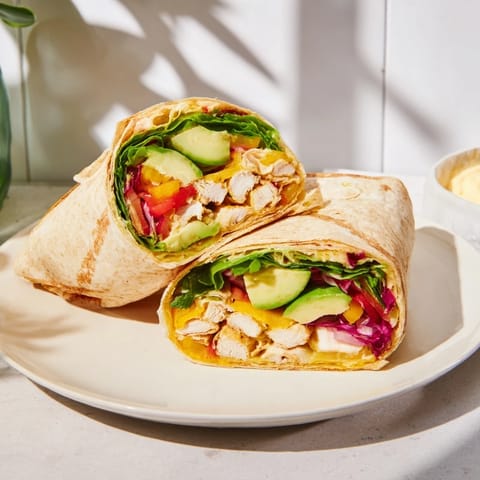 Close-up of sheet-pan fajita chicken, with a rainbow of peppers perfect for building delicious wraps.