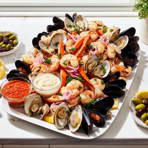 Starfish & Shell Appetizer Board overflowing with a delicious seafood spread, ready to enjoy with friends.