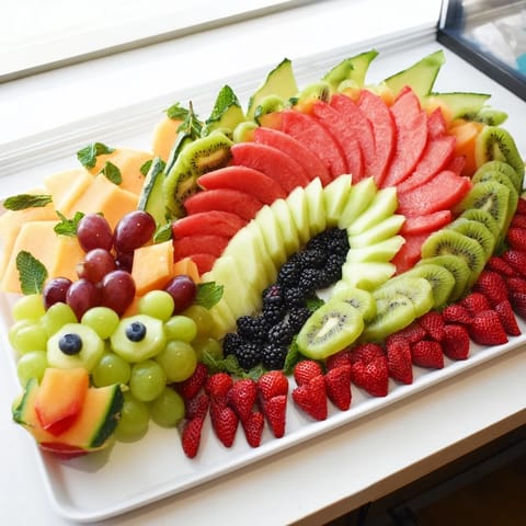 A delicious, healthy dragon-shaped fruit tray featuring juicy strawberries and an array of fresh fruit for serving.