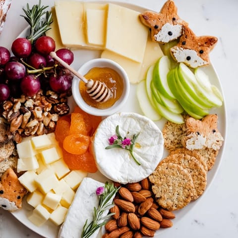 A colorful Cozy Forest Animal Board boasts cheeses, fruits, and meats for a delicious appetizer spread.
