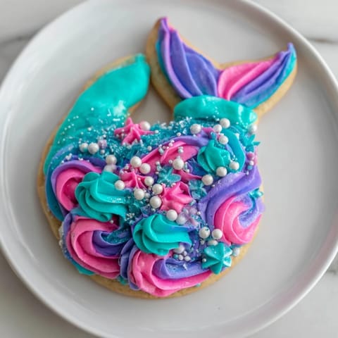 Close-up of shimmering mermaid tail sweets: sugar cookies decorated with colorful, sparkly frosting.