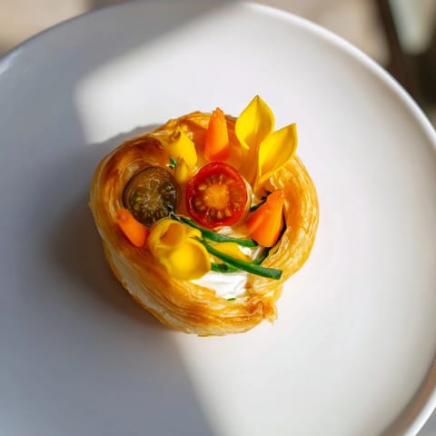 Colorful Fairy Garden Flower Shaped Snacks with a cream cheese center and fresh herb details.