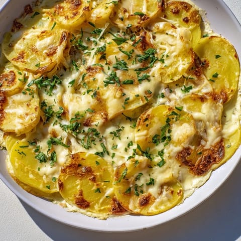 The French classic Plateau Moufle Chaud et Confortable, a creamy baked potato and ham casserole, garnished with parsley.