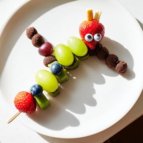 Vibrant image shows sweet Caterpillar Fruit Skewer treat: a playful track of cookie crumbs with skewered fruits.