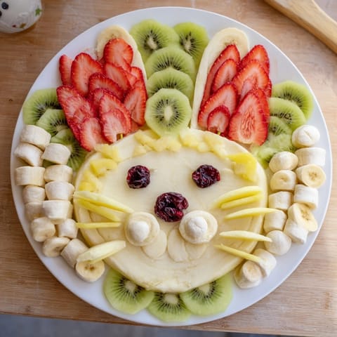 A colorful Bunny Face Fruit Salad Platter boasts kiwi ears, strawberry features, and a sweet, fruity nose.