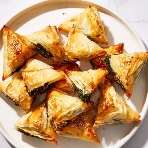 Crispy golden-brown Mini Spanakopita Triangle Cluster: inviting, fresh from the oven, ready to share.