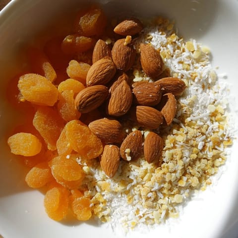 Chunks of sweet dried apricots and almonds, ready to eat for a quick energy snack.
