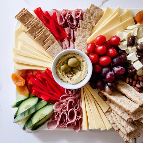 Close-up of the delicious Arrowhead appetizer board with angled cheeses and arranged crackers ready to serve.