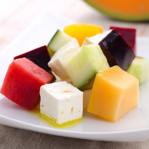 A visually appealing photo of the Cube Geometry Study, dressed and ready to eat, with perfect cubes.