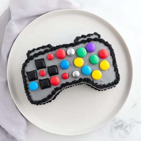 This Pixel Perfect Video Game Controller Board cake shows a delicious, sweet dessert with vibrant colors and joyful design.