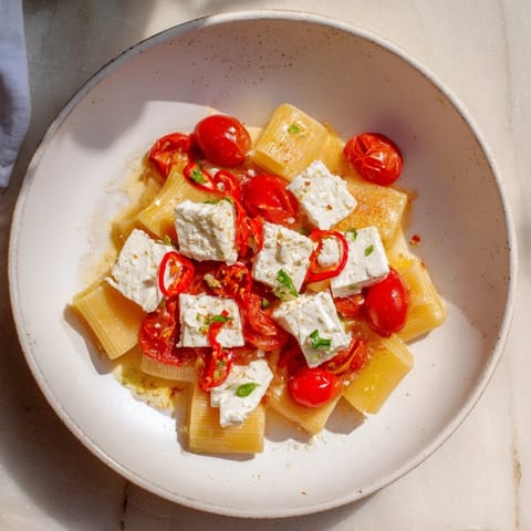Golden brown Baked Feta 2.0, bubbling with roasted tomatoes and served with pasta and fresh basil.