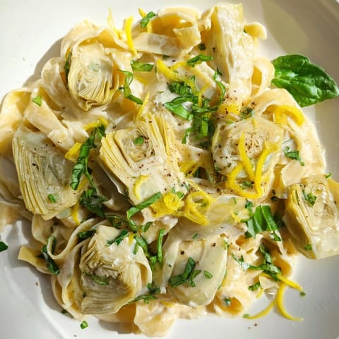 Bright and creamy Creamy Lemon Artichoke Pasta plated, ready to enjoy with a sprinkle of fresh herbs.
