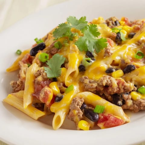 A close-up of hearty Cheesy Taco Pasta, loaded with beef, pasta, and gooey cheese goodness.