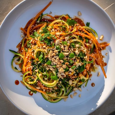 This Spicy Cucumber Noodle Bowl features crunchy cucumber noodles coated in a zesty, flavorful sauce.