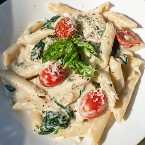 A vibrant bowl of Cottage Cheese High-Protein Creamy Pasta, ready to serve with fresh basil and Parmesan.