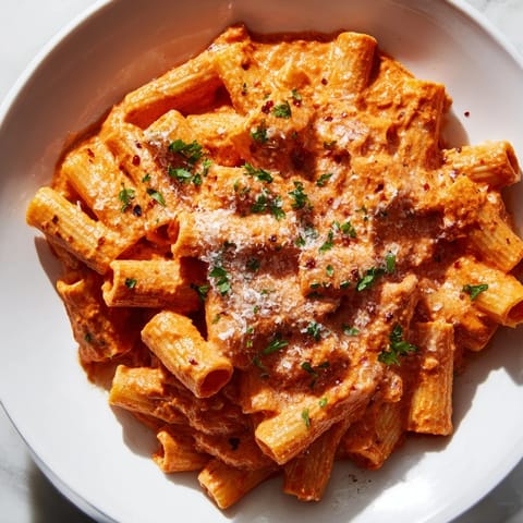 This gorgeous plate of Gigi Hadid-Style Spicy Rigatoni boasts a creamy tomato sauce and fresh parsley garnish.