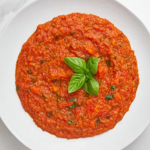 Freshly blended veggie-loaded tomato pasta sauce, fragrant with herbs and ready to serve over pasta.
