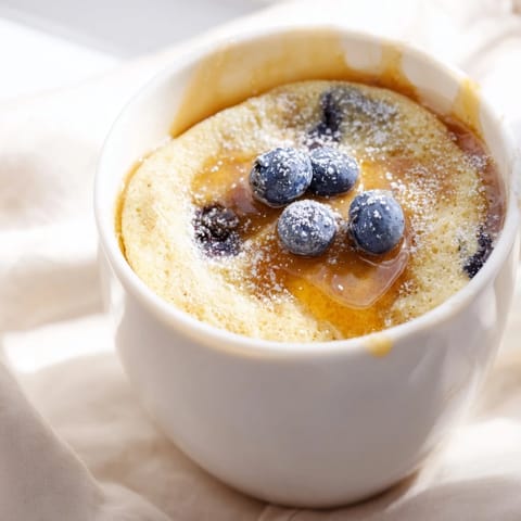 Warm, fluffy microwave mug pancakes presented in a mug, ideal for a quick, delicious breakfast.