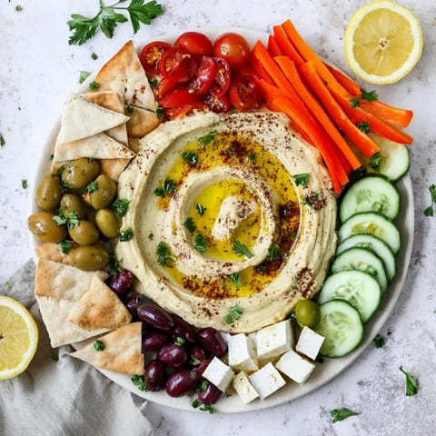 A beautiful Middle Eastern Mezze Platter display, featuring smooth hummus garnished with olive oil, surrounded by colorful vegetables and tangy feta.