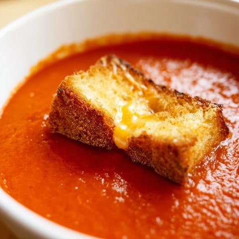 Vibrant red roasted tomato soup served with crispy, cheesy grilled cheese croutons on a spoon.