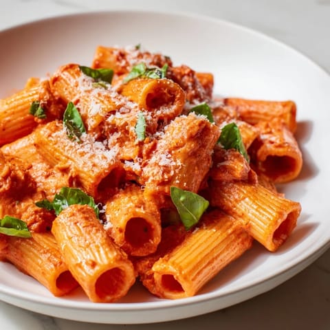 A rustic skillet of spicy rigatoni pasta garnished with basil, served alongside crusty bread.  