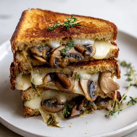 Perfectly melted Swiss cheese and earthy mushrooms piled high between crispy, golden rye bread slices.  