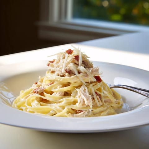 A close-up of Chicken Carbonara twirled on a fork, with glossy egg-Parmesan sauce clinging to every strand.