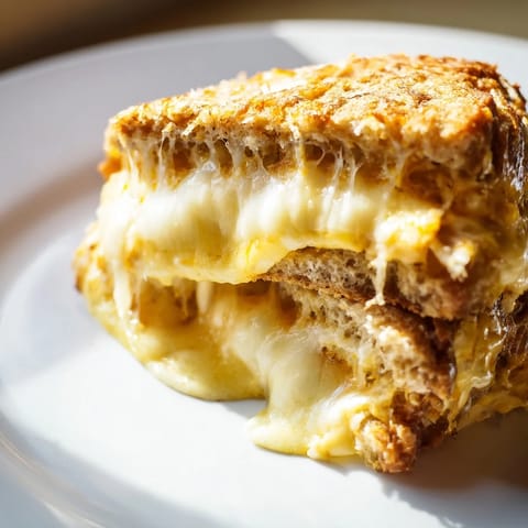 A close-up of Triple Cheese Sourdough Grilled Cheese showcases the gooey, multi-cheese pull beside a warm bowl of creamy tomato soup.