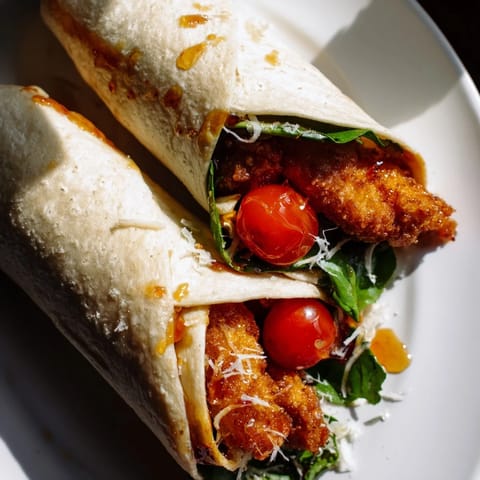 Crispy fried chicken strips drenched in spicy hot honey rest atop creamy Caesar salad, all wrapped in a soft flour tortilla for a handheld meal.