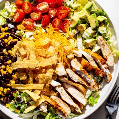 Hearty Crunchy Taco Chicken Salad topped with crushed shell pieces, black beans, corn, and a creamy Tex-Mex dressing.  