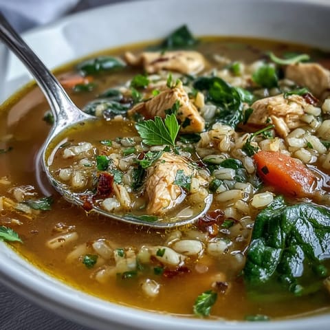 Tender chicken and pearl barley in a savory, golden turmeric broth.