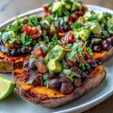 Vibrant, fiber-rich roasted sweet potatoes, chipotle black beans, zesty tomato salsa.