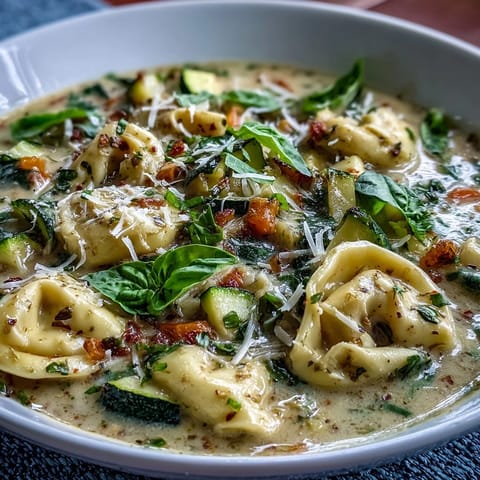 A close-up of Creamy Vegetable Tortellini Soup with wilted spinach and tender cheese tortellini swimming in a rich, herb-infused broth.