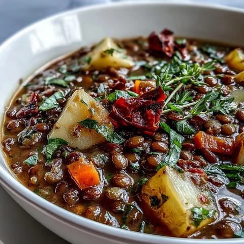 Steaming Vegetarian Lentil Stew in a rustic pot shows tender lentils and vibrant vegetables in a thick, savory broth.