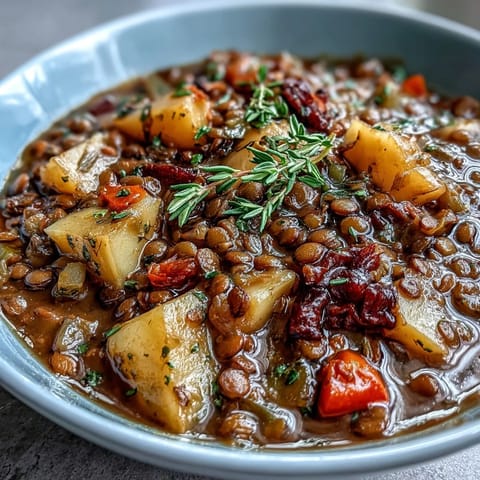A close-up bowl of Vegetarian Lentil Stew garnished with fresh parsley and lemon wedges, paired with crusty bread for dipping.