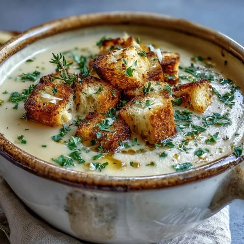 The golden purée of Roasted Garlic Soup is poured into a rustic bowl for serving.