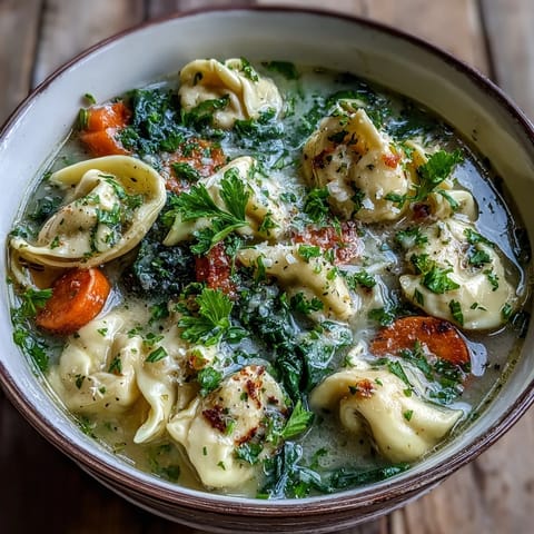 A warm bowl of Easy Tortellini Soup with Chicken Broth, topped with fresh parsley and grated Parmesan, steam rising from the creamy surface.